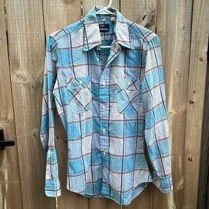Vintage 1970's Levis White Tag Flannel Blue Plaid Check Print L/S Shirt small